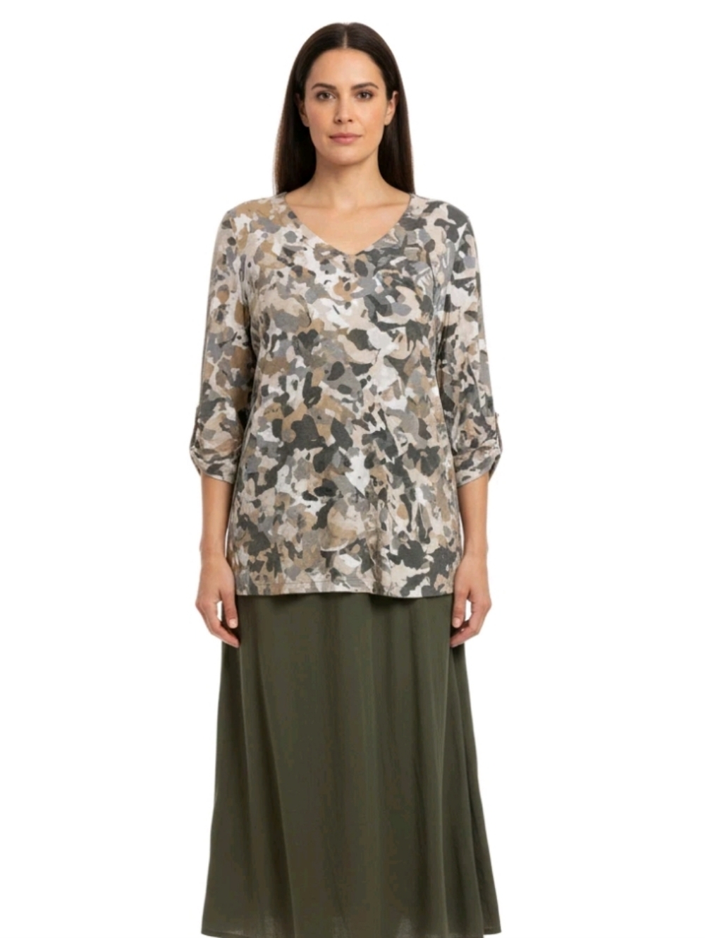 Susan Graver Weekend Liquid Knit Tunic M Tie Cuff Printed Mature
